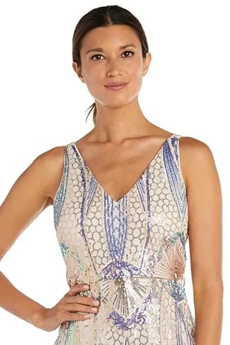 NIGHTWAY Long Sleeveless Sequined Gown with Leg Slit | Hollywood Glamour Evening Dress in Champagne (10 Petite) | Support your style with USA-import quality thumbnail 2