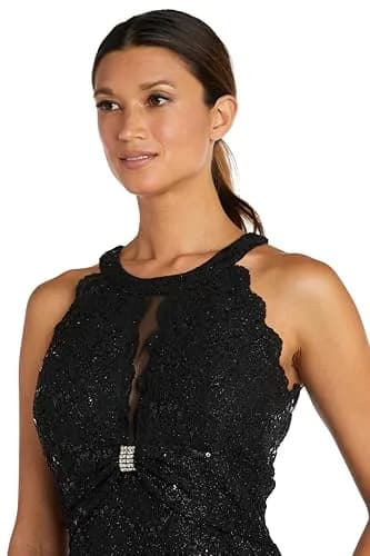 NIGHTWAY Women's Sequin Lace Cleo Neck Mini Dress 10 Petite | Scalloped Bodice, Rhinestone Knot Trim thumbnail 2