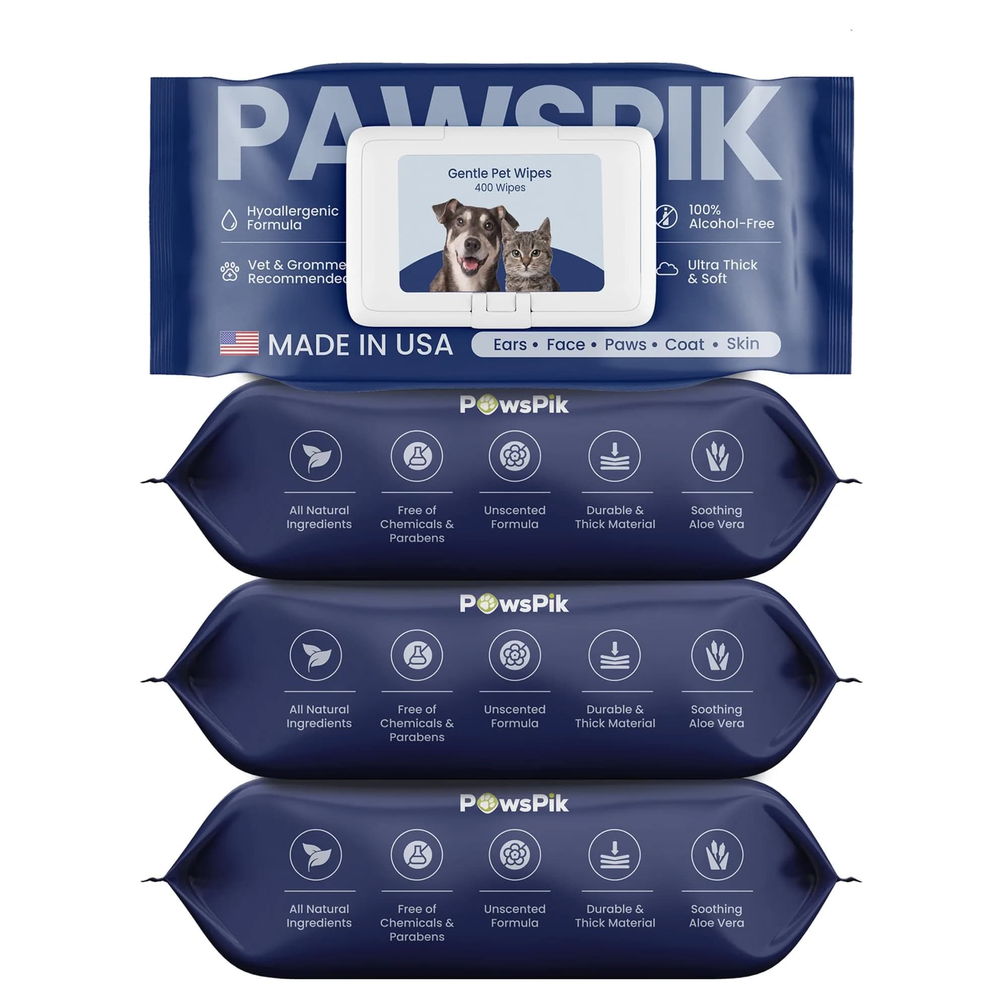 PAWSPIK Premium Pet Wipes for Dogs & Cats, Large 400 Count | Hypoallergenic, Unscented, Made in USA