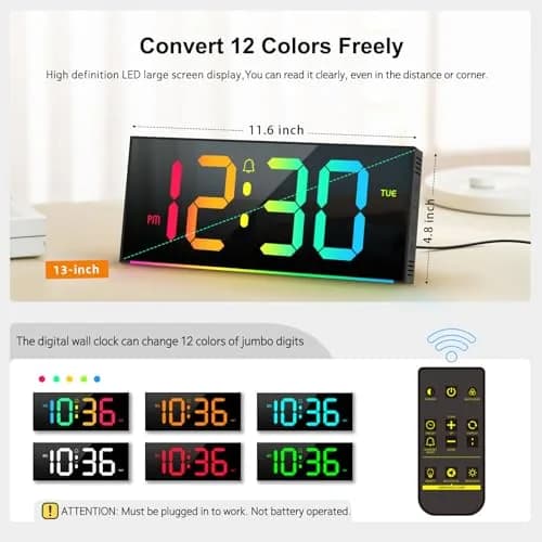 Abovsare Digital Wall Clock Large Display 13" | RGB Colors, Night Light, Remote Control thumbnail 2