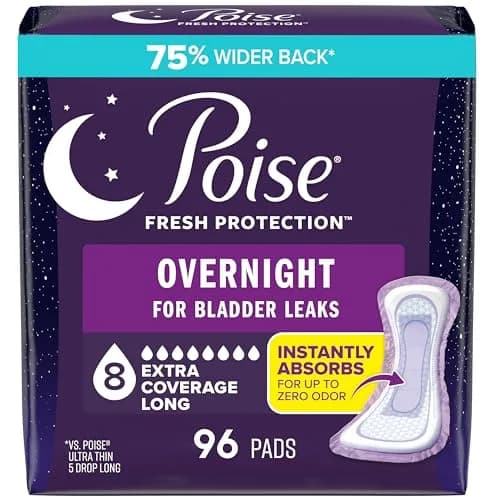 Poise Overnight Incontinence & Postpartum Pads, 8 Drop Extra Coverage, 96 Count | USA Imported, Duties Included thumbnail 1