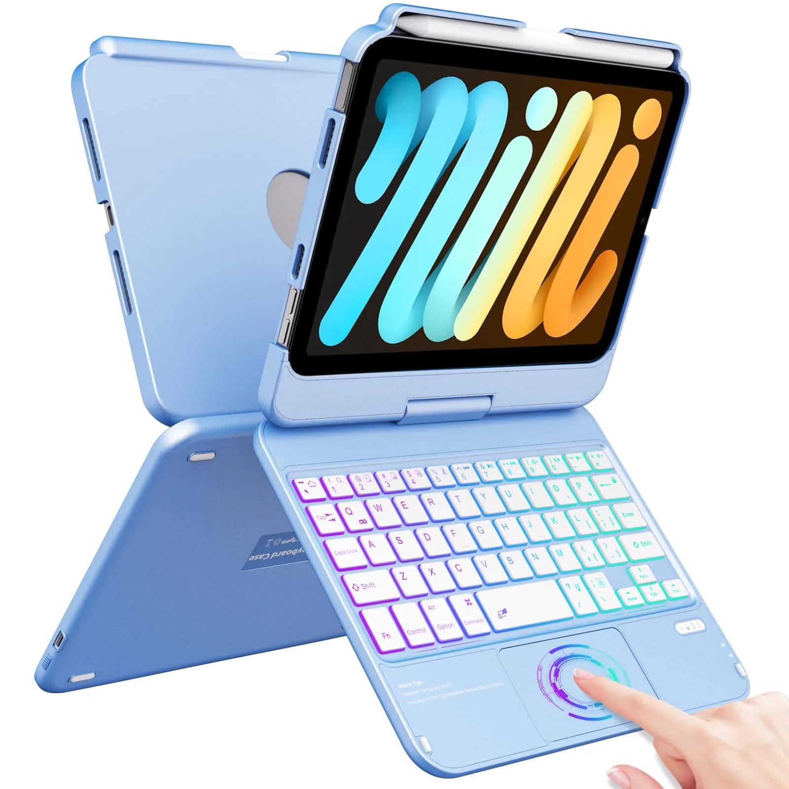 FUWANG Purple Keyboard Case for iPad mini 7/6 8.3-inch | 360° Rotating, Backlit, Trackpad — Blue
