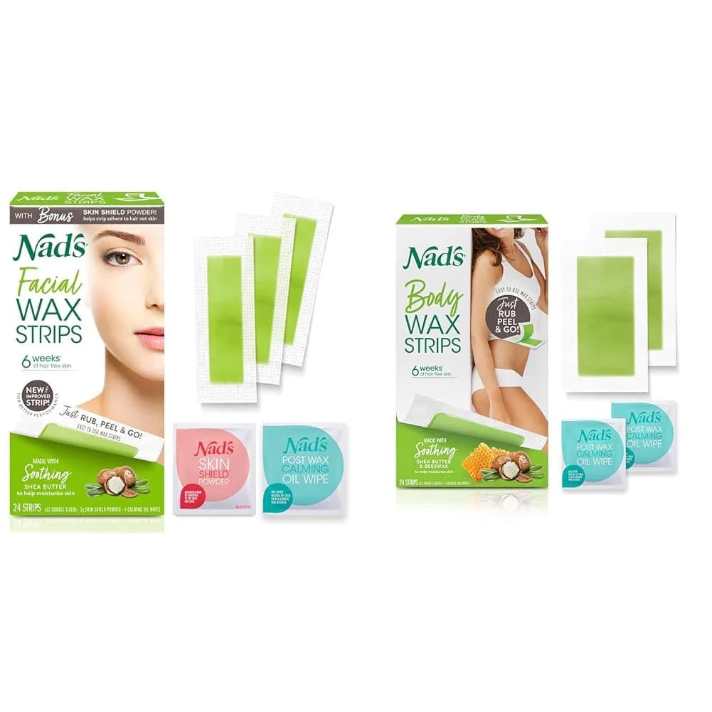 Nad's Facial (48 Strips) & Body (24 Strips) Wax Hair Removal Kits | Natural Beeswax Formula