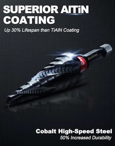 EZARC M35 Cobalt Step Drill Bit for Metal 1/4"-3/4" | 9 Step Sizes, Hex Shank, Coated with AlTiN thumbnail 2