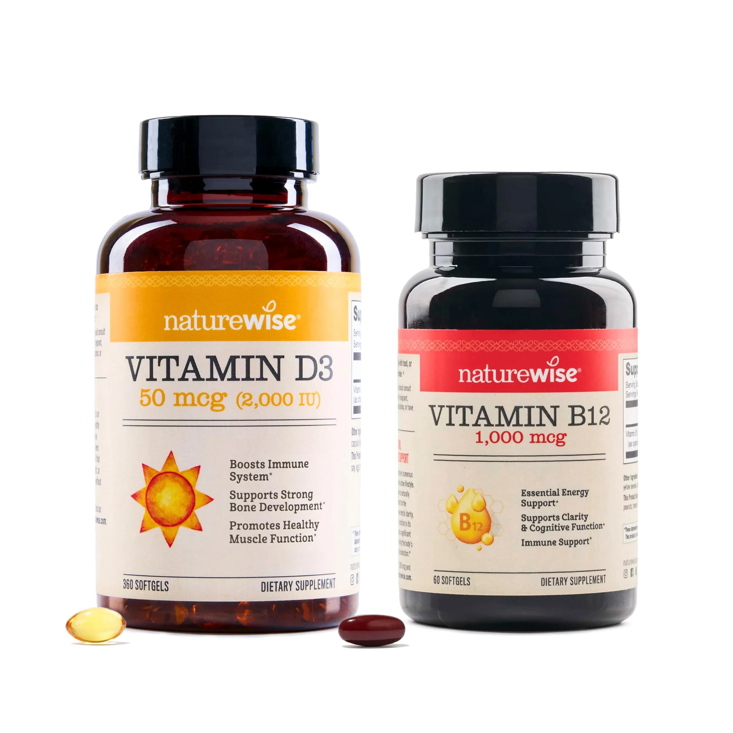 NatureWise Vitamin D3 2000iu 360 Count & Vitamin B12 1000mcg 60 Softgels | Energy, Immune & Muscle Support