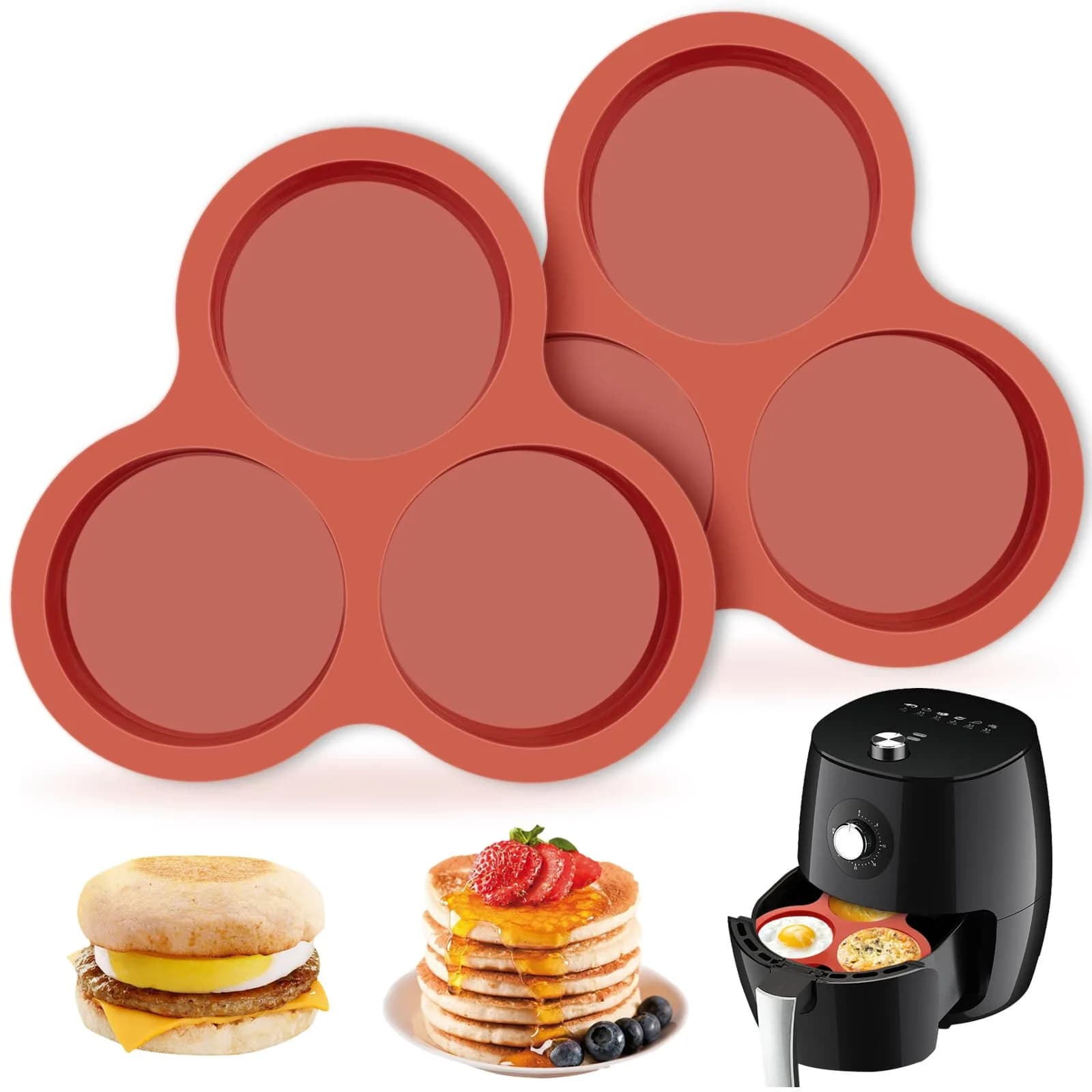 JOERSH Silicone Air Fryer Egg Mold Pan 4 Inch Jumbo 3-Cavity, 2 Pack | Non-Stick & Reusable for Breakfast Sandwiches & Hamburger Buns