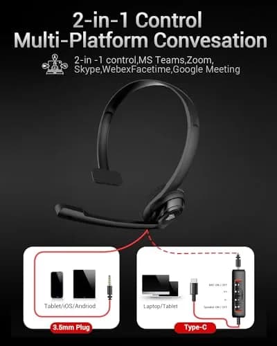 NUBWO HW02 Headset with Microphone | USB C & 3.5mm, Inline Mute & Volume Control, Lightweight (60g), for PC & Mobile thumbnail 6