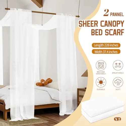 Showgeous Sheer Bed Canopy Curtains White 37.4" x 228" | Romantic Bedroom Decor thumbnail 2