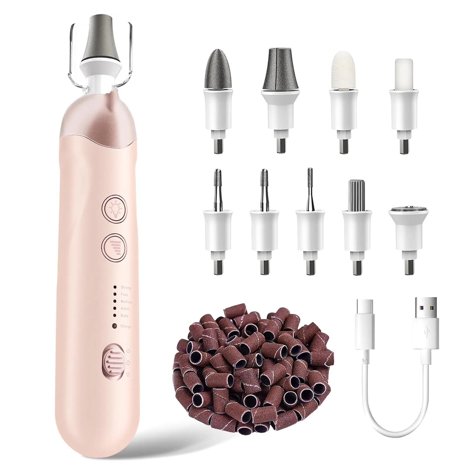 Hoxida Cordless Electric Nail File Set with 360° LED Light, Rechargeable Manicure Pedicure Kit for Feet & Hands, 0-20,000 RPM, Oil-Purple | Professional Salon Quality — Pink