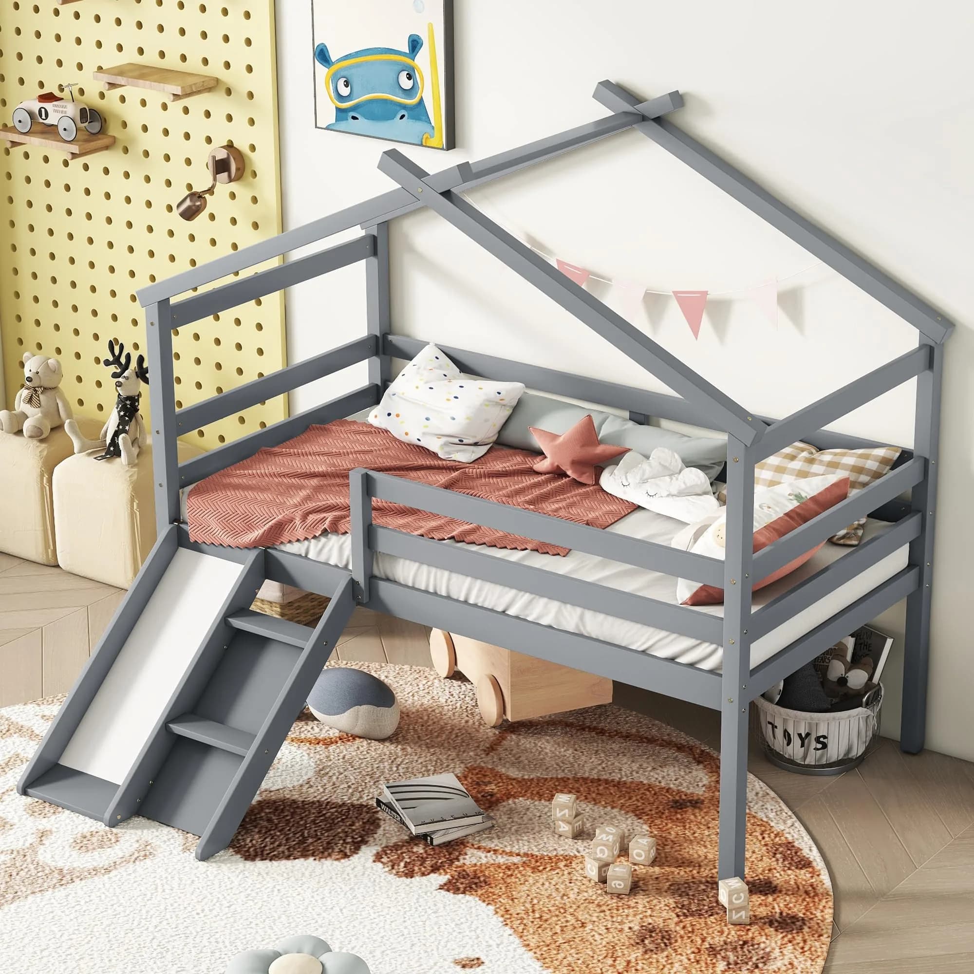 Brisca Twin Size Low Loft Bed with Slide & Ladder | House Roof & Guardrails, Easy Assembly, Grey - main product image