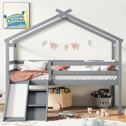 Brisca Twin Size Low Loft Bed with Slide & Ladder | House Roof & Guardrails, Easy Assembly, Grey thumbnail 4