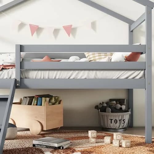 Brisca Twin Size Low Loft Bed with Slide & Ladder | House Roof & Guardrails, Easy Assembly, Grey thumbnail 5