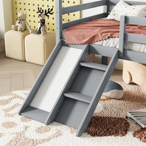 Brisca Twin Size Low Loft Bed with Slide & Ladder | House Roof & Guardrails, Easy Assembly, Grey thumbnail 6
