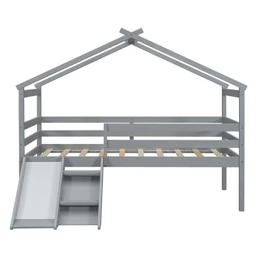 Brisca Twin Size Low Loft Bed with Slide & Ladder | House Roof & Guardrails, Easy Assembly, Grey thumbnail 8