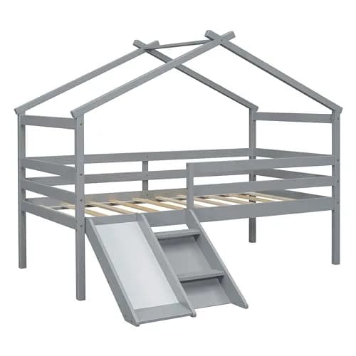 Brisca Twin Size Low Loft Bed with Slide & Ladder | House Roof & Guardrails, Easy Assembly, Grey thumbnail 9
