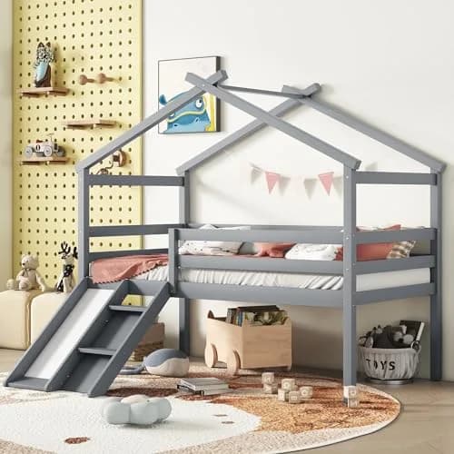 Brisca Twin Size Low Loft Bed with Slide & Ladder | House Roof & Guardrails, Easy Assembly, Grey thumbnail 2