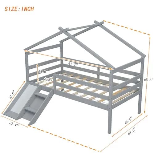 Brisca Twin Size Low Loft Bed with Slide & Ladder | House Roof & Guardrails, Easy Assembly, Grey thumbnail 3