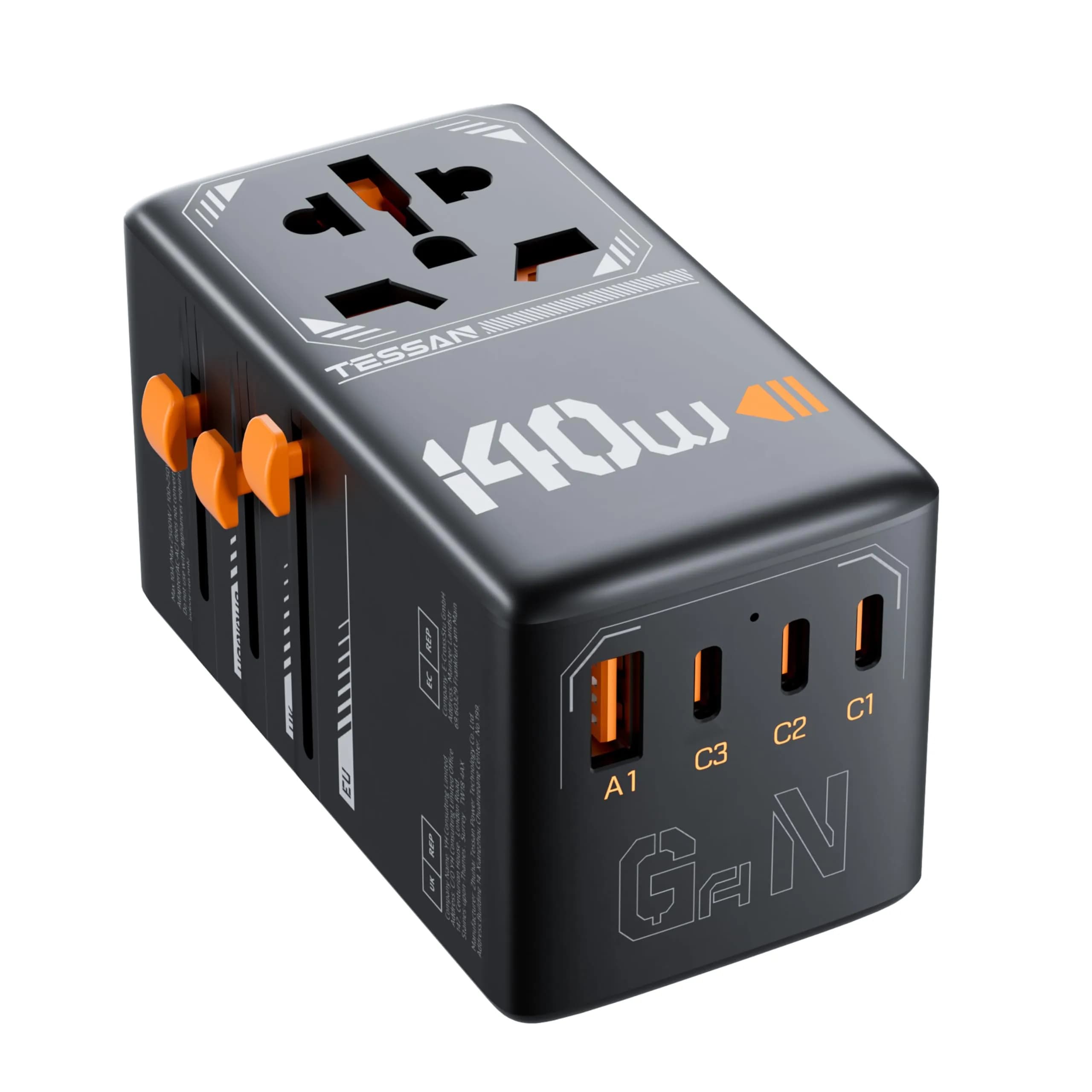 TESSAN Universal Travel Adapter 140W GaN Black | 5-in-1 Worldwide Power & USB Charging