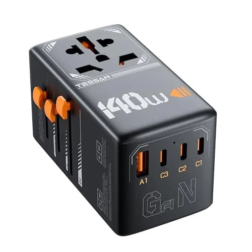 TESSAN Universal Travel Adapter 140W GaN Black | 5-in-1 Worldwide Power & USB Charging thumbnail 1