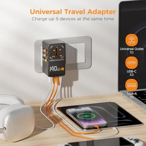 TESSAN Universal Travel Adapter 140W GaN Black | 5-in-1 Worldwide Power & USB Charging thumbnail 4