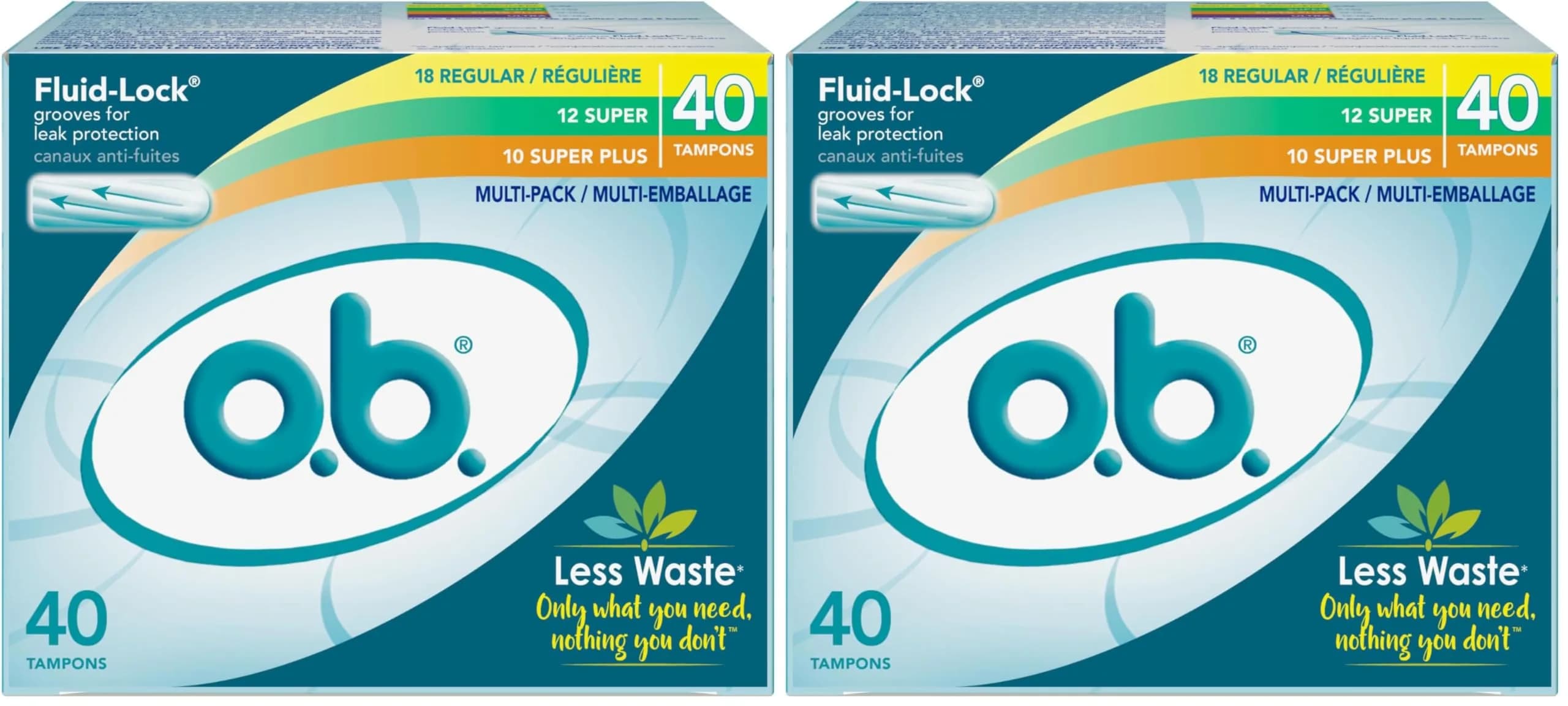 o.b. Tampons Multipack | Regular/Super/Super Plus, 80 Count (40 Count x 2 Packs) | Unscented, Non-Applicator, USA Import