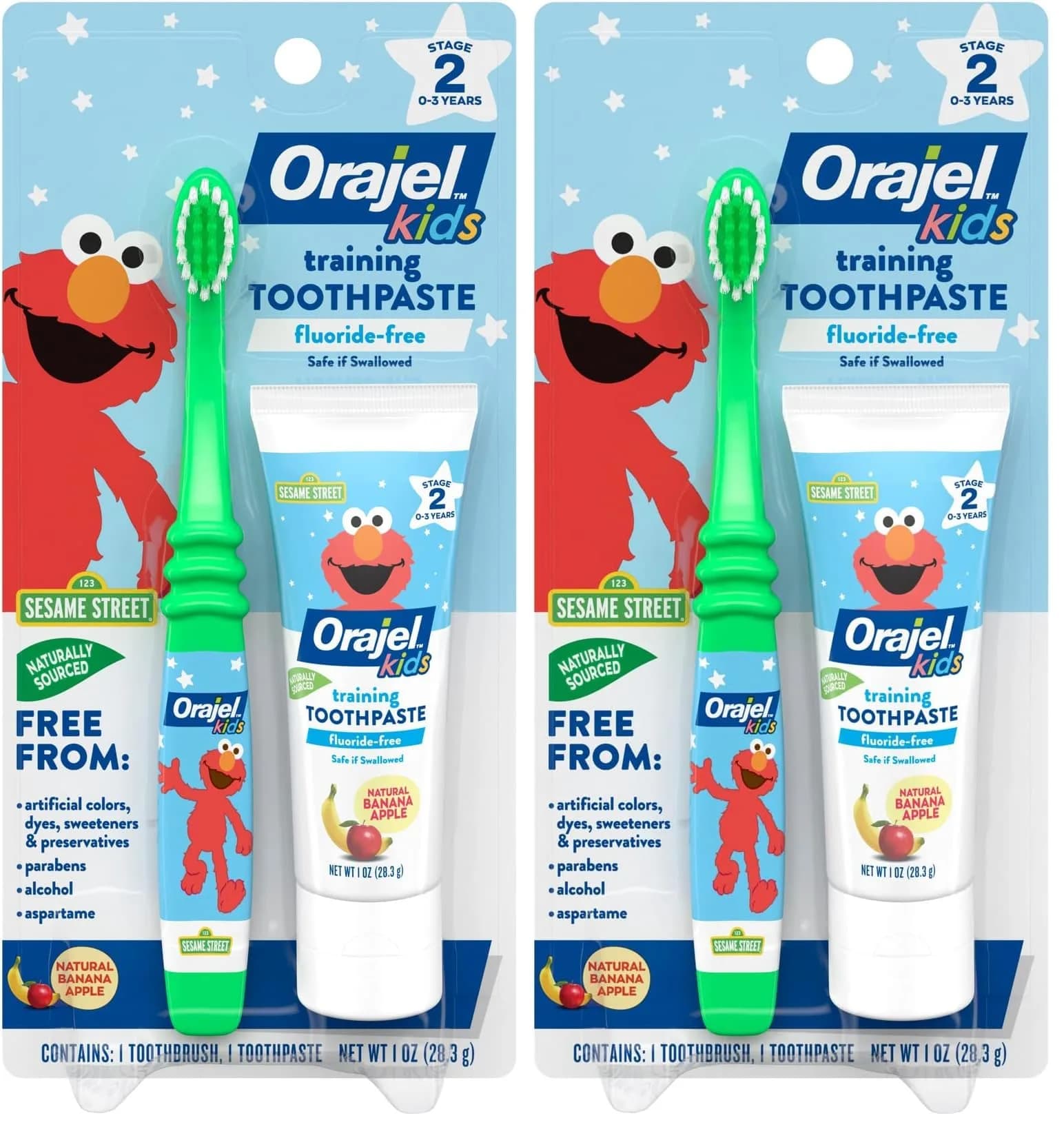 Orajel Elmo Fluoride-Free Tooth & Gum Cleanser with Toothbrush Combo Pack, Banana Apple Flavored Non-Fluoride, 2 Piece Set (Pack of 2) | Cleans Plaque Safely for Babies 3-24 Months — 1 Fluid Ounce