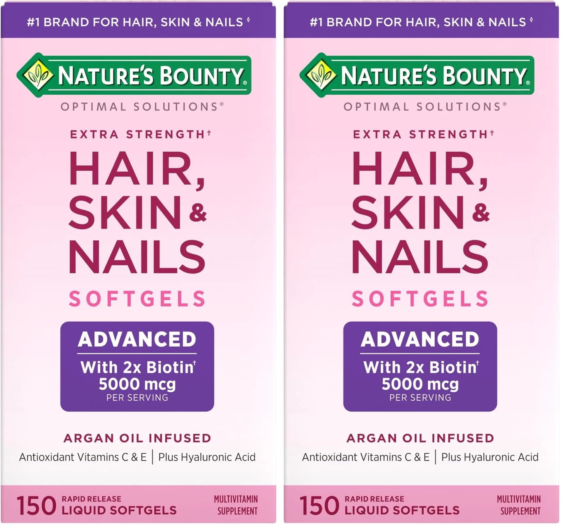 Nature's Bounty Advanced Hair, Skin & Nails Softgels 150 Count (Pack of 2) | Biotin & Hyaluronic Acid for Beauty Support - main product image