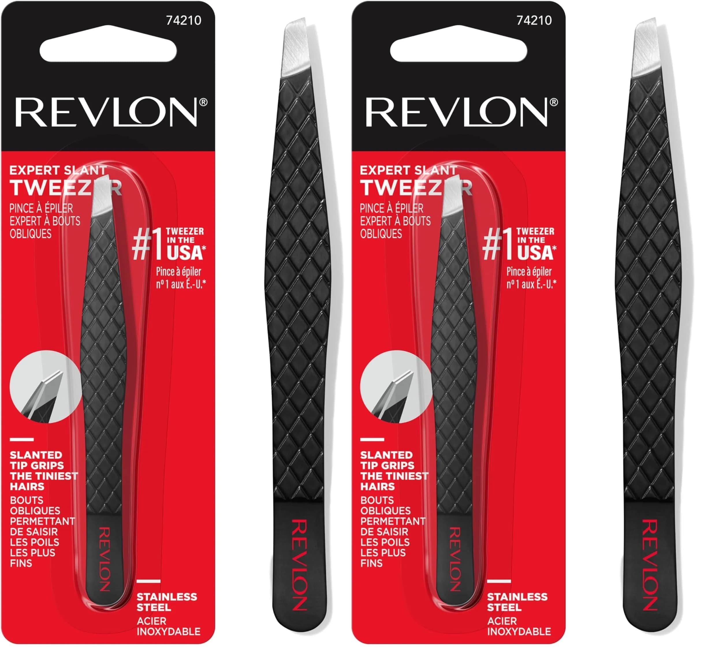 REVLON Expert Slant Tip Tweezer, Stainless Steel | Pack of 2 | 4.5 cm (1.9 in)
