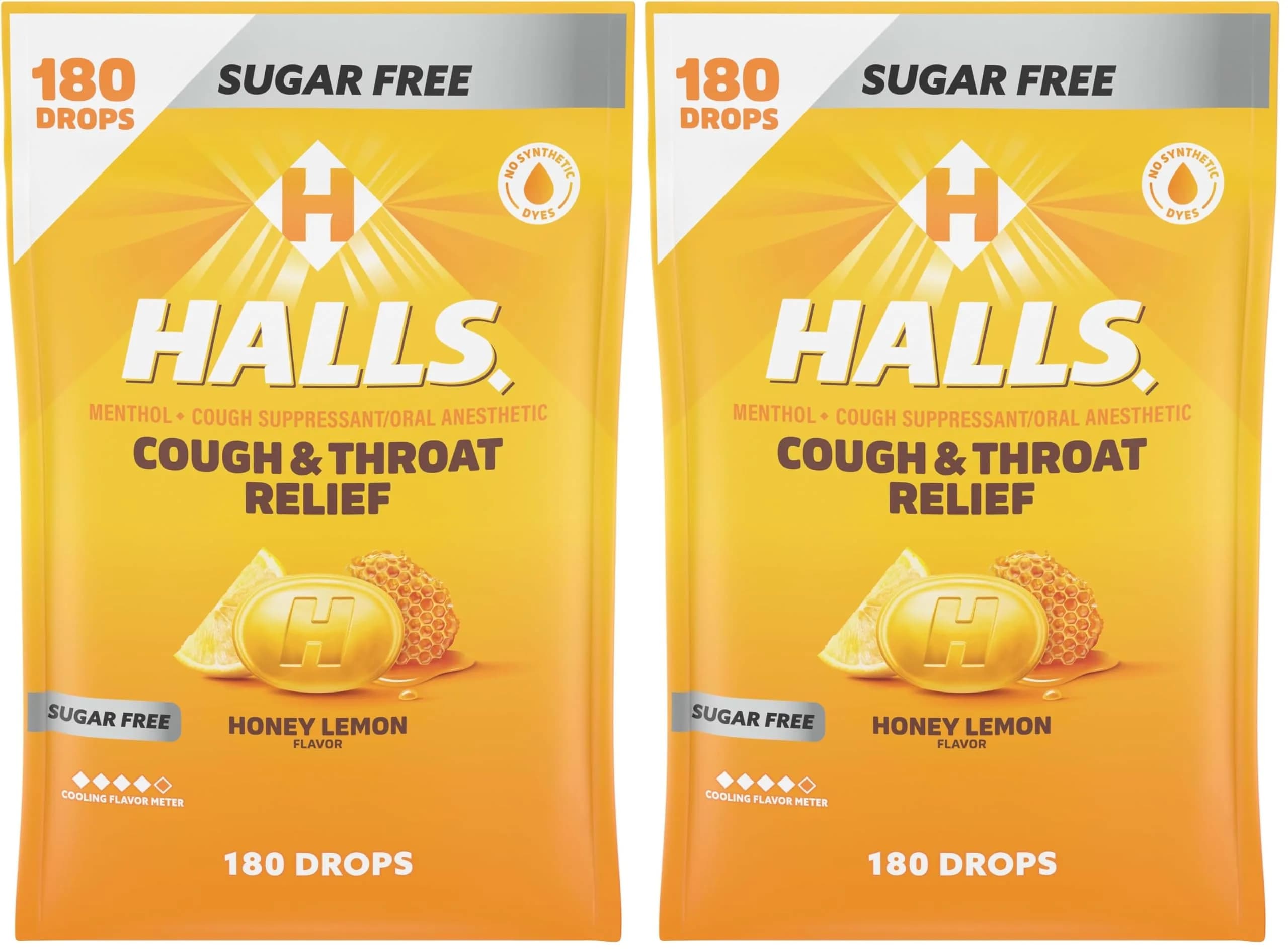 Halls Relief Honey Lemon Sugar Free Cough Drops 180 Drops (Pack of 2) | Soothes Sore Throats & Relieves Coughs