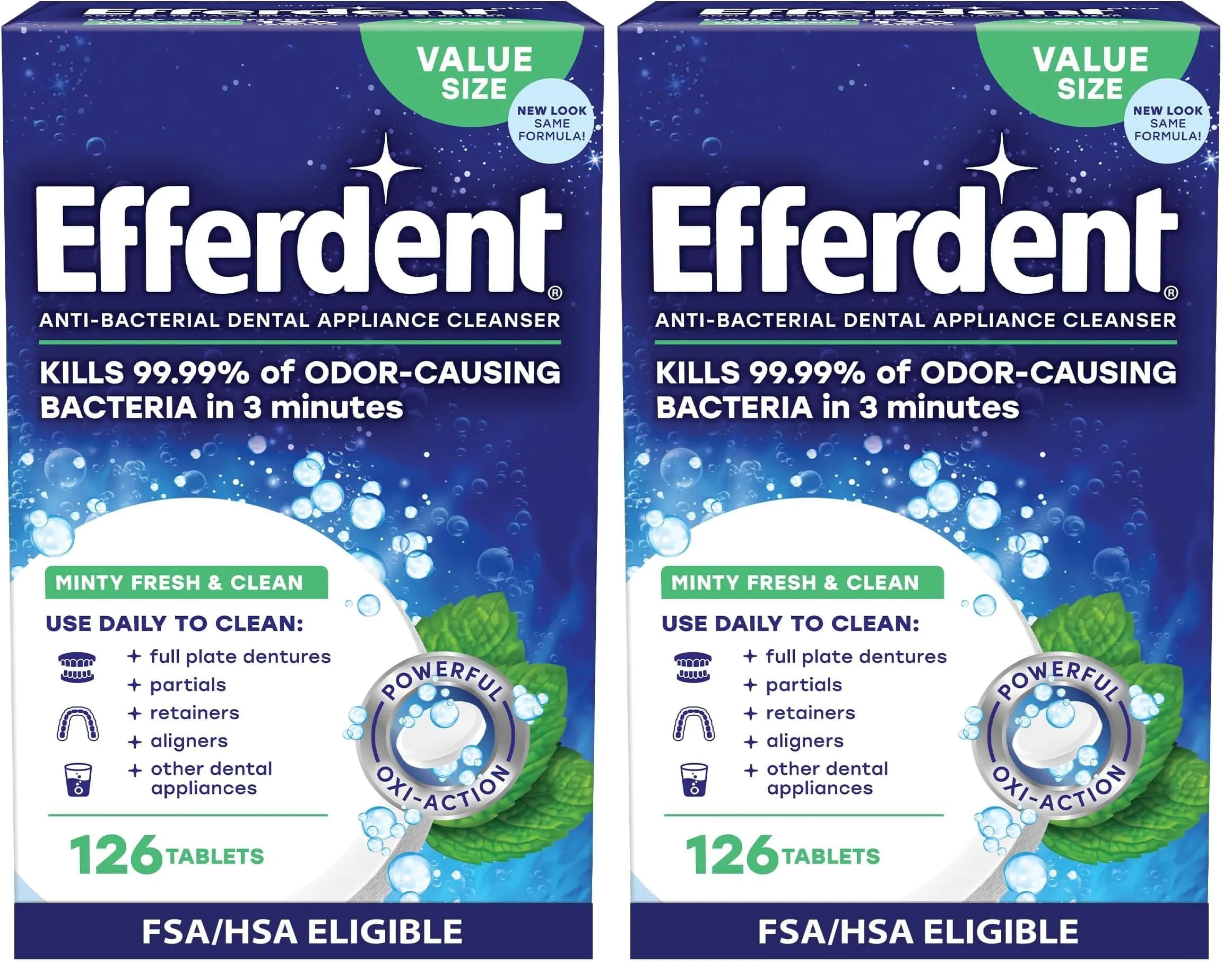 Efferdent Minty Fresh & Clean Retainer Cleaning Tablets 252 Count (126 Tablets x 2) | Kills 99.99% Odor-Causing Bacteria