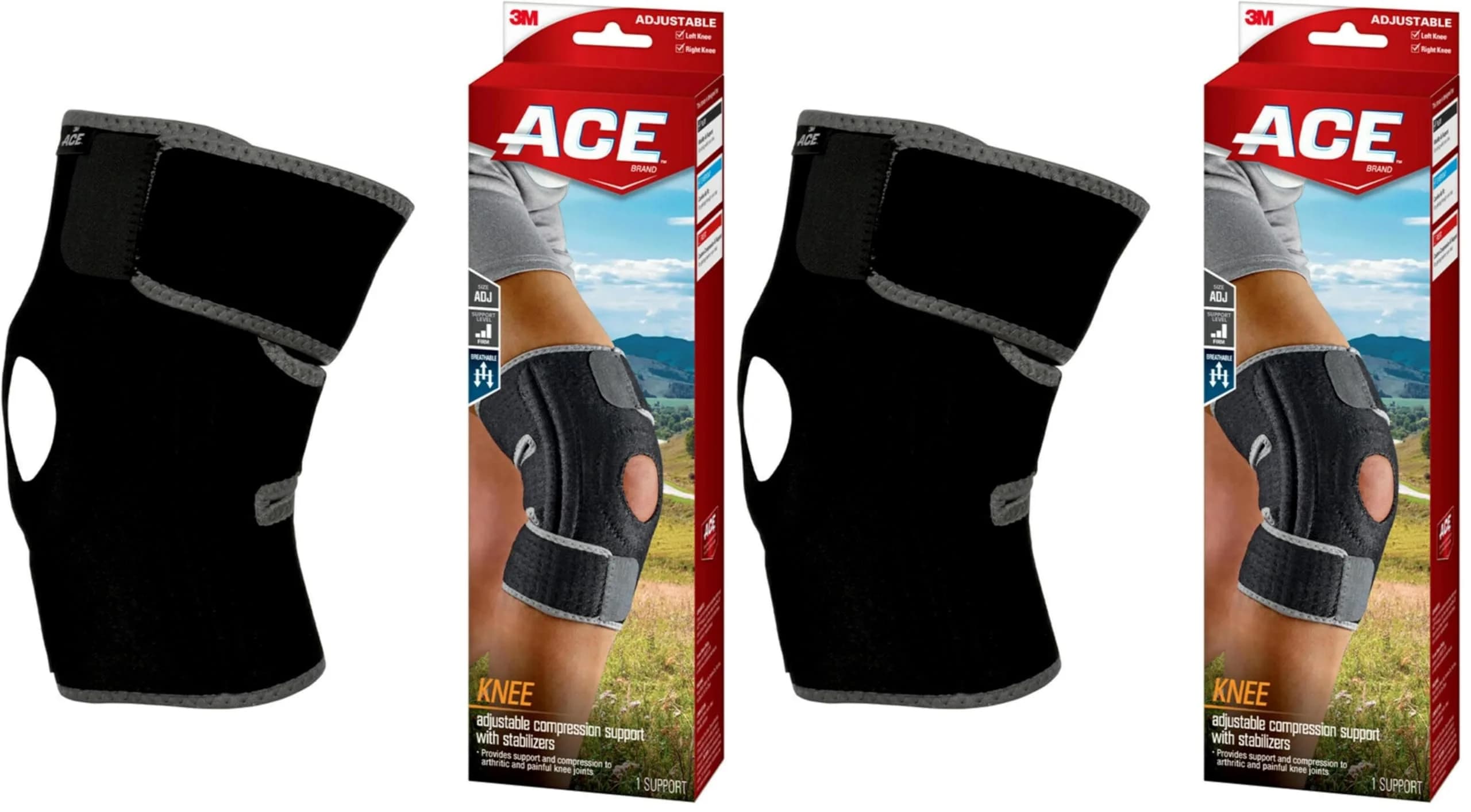 ACE Brand Adjustable Knee Brace with Side Stabilizers & Compression, Pack of 2 | Orthopedic Brace for Arthritis & Painful Joints — Black