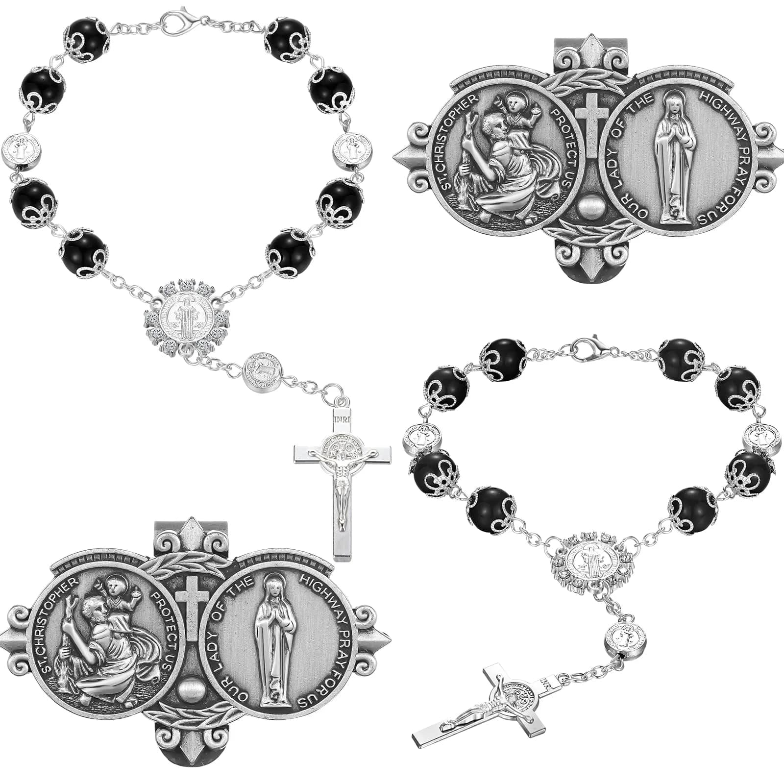 Frienda Black 4 Pcs Car Rosary Saint Benedict Rosary Rearview Mirror Hang Auto Rosary with Saint Christopher Visor Medal Cross Accessory - main product image