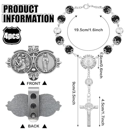 Frienda Black 4 Pcs Car Rosary Saint Benedict Rosary Rearview Mirror Hang Auto Rosary with Saint Christopher Visor Medal Cross Accessory thumbnail 2