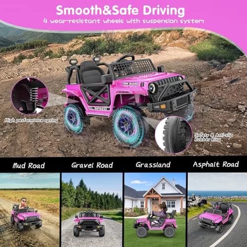 YunTopKids 12V 7Ah Electric Ride On Toy Car for Kids | Parental Remote Control, Bluetooth & LED Lights, Pink, 4-8 Years thumbnail 4