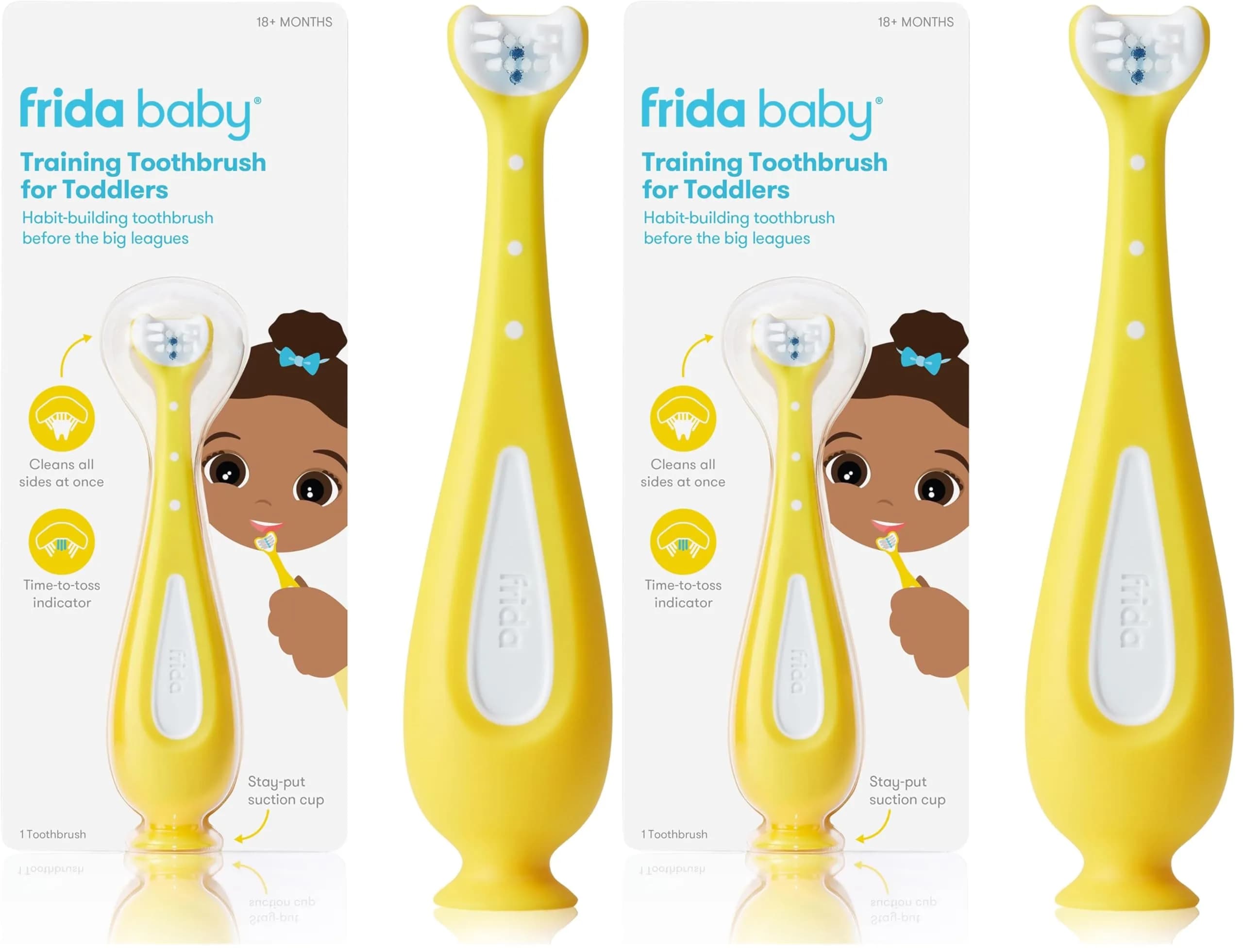 Frida Baby Training Toothbrush for Toddlers | Triple-Angle Bristles, Silicone Handle, Stay-Put Suction Cup (Yellow) — Blue,white