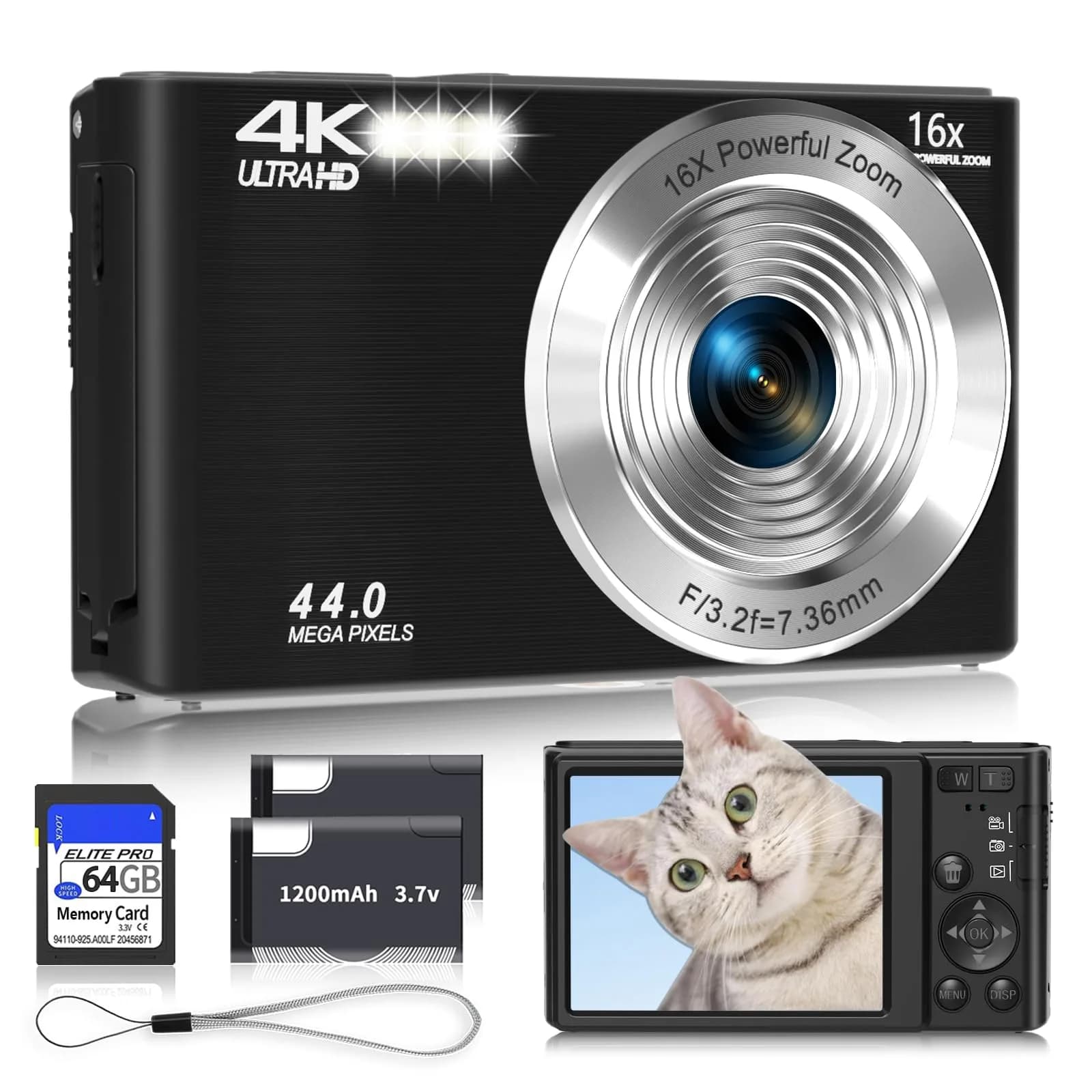 SMARTKLIK Digital Camera for Teens, FHD 4K 44MP with 64GB SD Card, 16X Digital Zoom, Compact Point Shoot Camera Blue | 44MP CMOS Sensor — Black