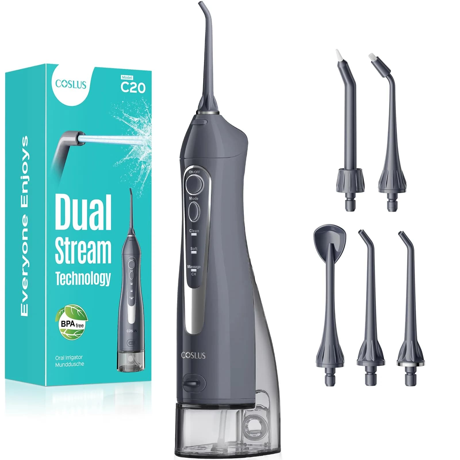 COSLUS C20 Water Dental Flosser 300ml (10.14 Fl Oz) | ADA Accepted Oral Irrigator for Healthier Gums