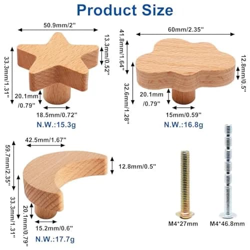 YuGtcen Star and Moon Cabinet Knobs 18-Pack | Woodland Wooden Knobs for Nursery Dressers, Cupboards, and Furniture thumbnail 2