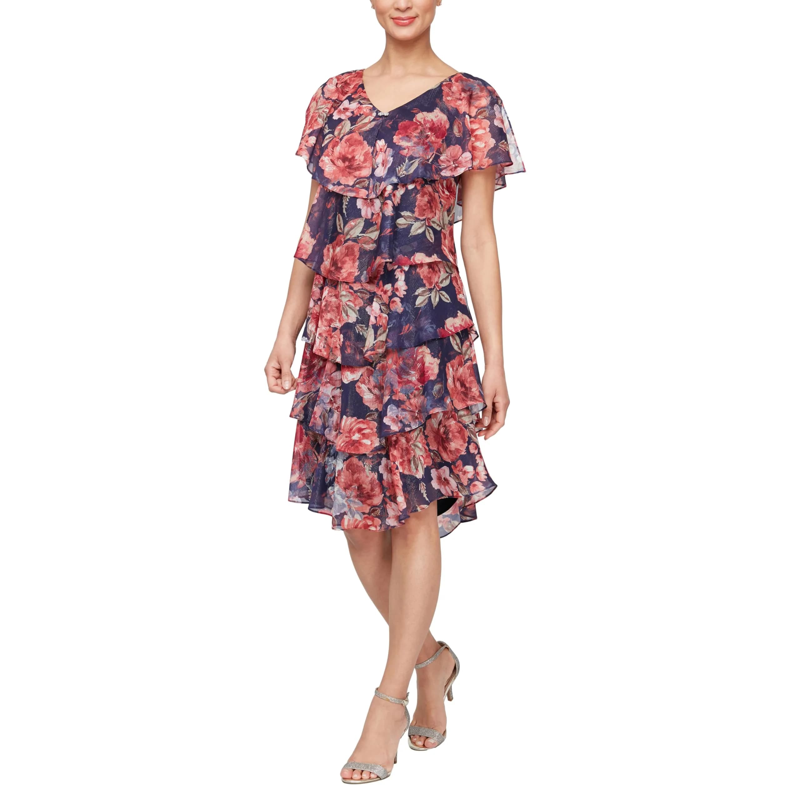 S.L. Fashions Women's Short Sleeve Floral Tiered Chiffon Cocktail Dress, Plum Multi, Size 12 | Elegant Summer Party Wear - main product image