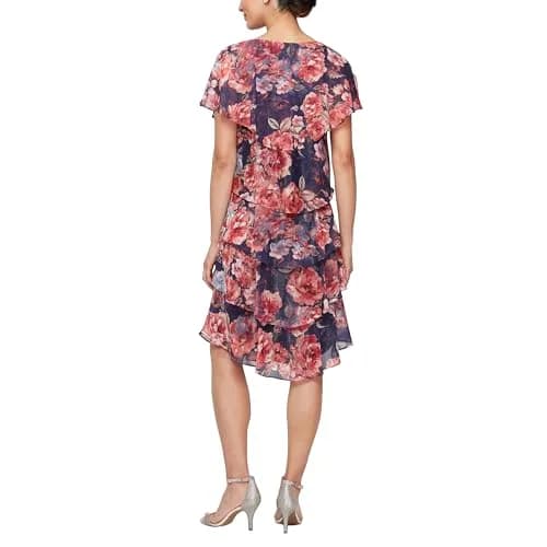 S.L. Fashions Women's Short Sleeve Floral Tiered Chiffon Cocktail Dress, Plum Multi, Size 12 | Elegant Summer Party Wear thumbnail 2