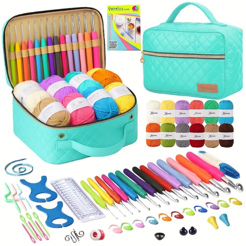 Yarniss Crochet Kit for Beginners, All in One Crochet Kits with 12 Yarn Skeins & 10 Ergonomic Hooks, Adult Crafting Set (Navy) — Bright Blue-14 Size