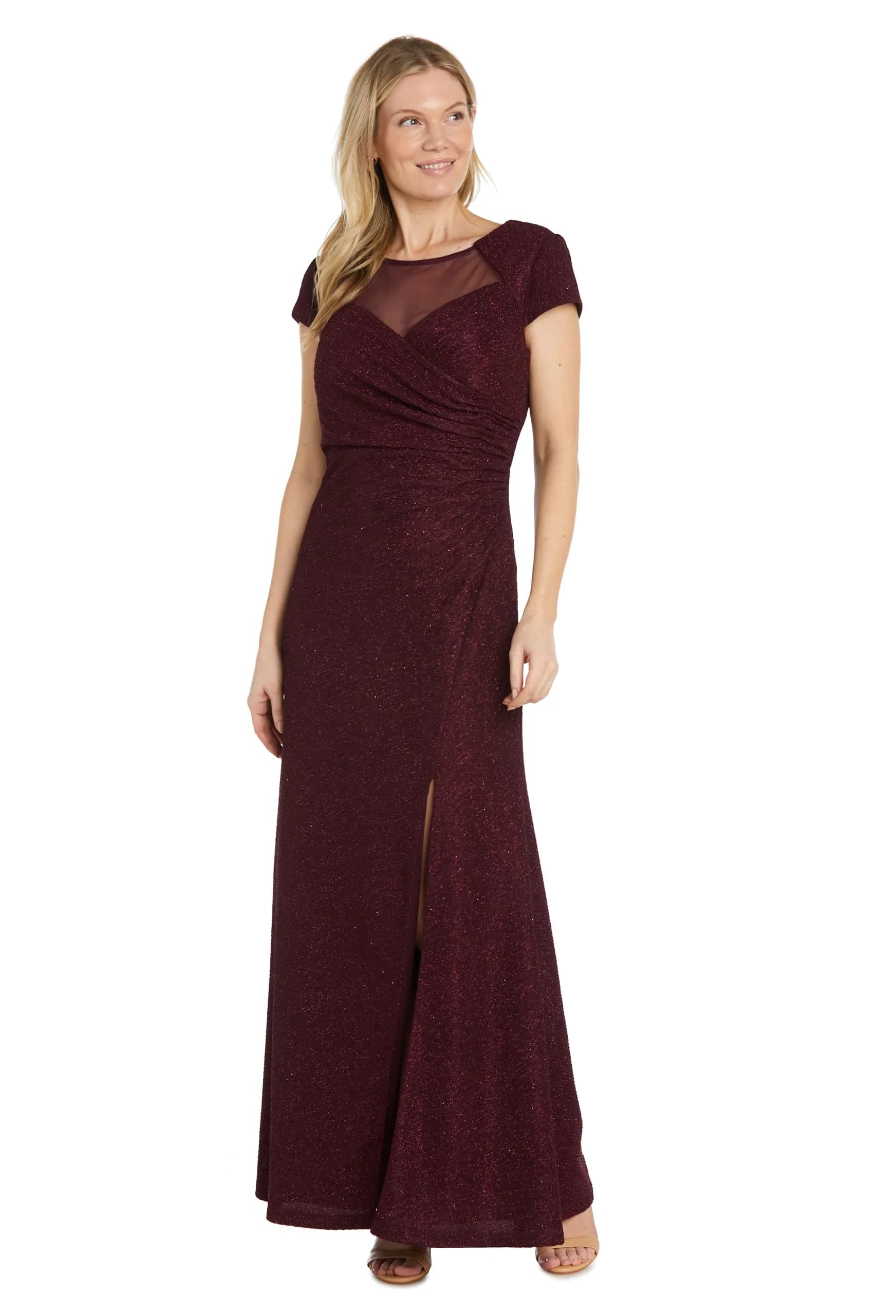 NIGHTWAY Women's Long Glitter Knit Dress W/Sweetheart Neckline & High Slit | Evening Cocktail Wedding Party — Merlot / 4