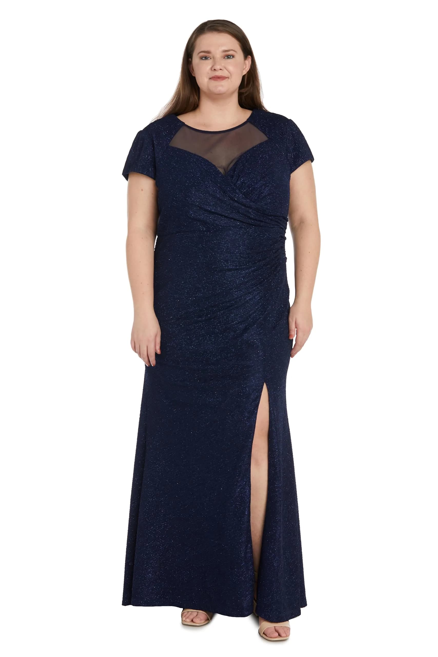 NIGHTWAY Women's Long Glitter Knit Dress W/Sweetheart Neckline & High Slit | Evening Cocktail Wedding Party — Navy / 14 Plus