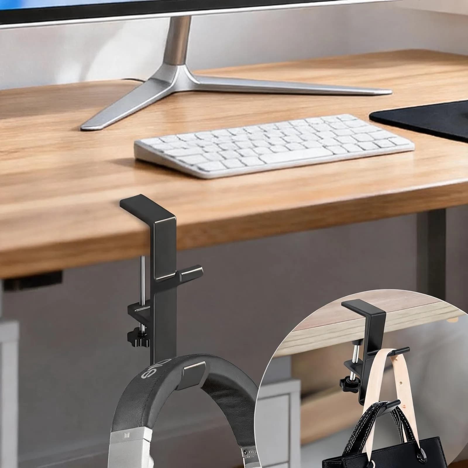 CaLeQi White Double Hook Desk Mount Bag Holder Clamp 10.2 cm (4 inch) | Max 13.6 kg (30 lb) Capacity — 1 Pcs-Double Hook Black
