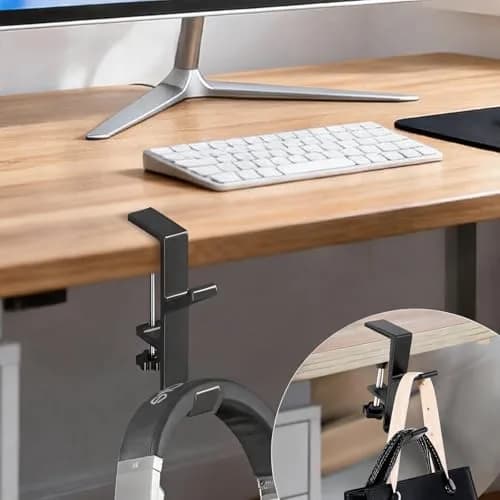 CaLeQi Black Double Hook Desk Mount Bag Holder Clamp with Adjustable Clamp & Rubber Pads | 1 Pcs, 30 lb Capacity thumbnail 1