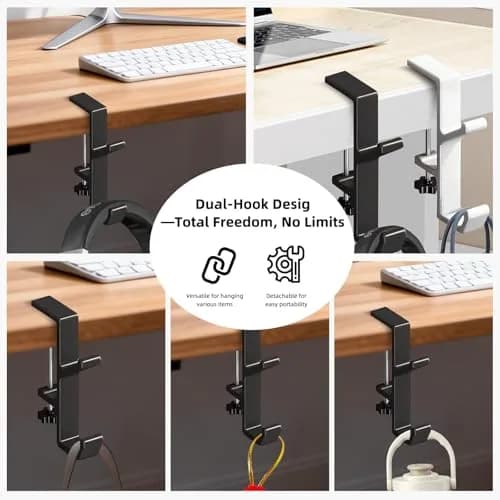 CaLeQi Black Double Hook Desk Mount Bag Holder Clamp with Adjustable Clamp & Rubber Pads | 1 Pcs, 30 lb Capacity thumbnail 4
