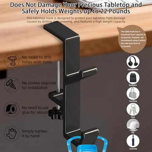 CaLeQi Black Double Hook Desk Mount Bag Holder Clamp with Adjustable Clamp & Rubber Pads | 1 Pcs, 30 lb Capacity thumbnail 5
