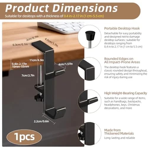 CaLeQi Black Double Hook Desk Mount Bag Holder Clamp with Adjustable Clamp & Rubber Pads | 1 Pcs, 30 lb Capacity thumbnail 2