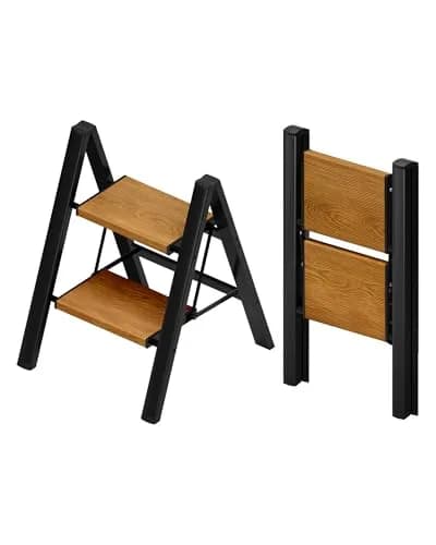 Taranta 2 Step Aluminum Ladder Foldable BlackWoodgrain | Compact, Safe & Lightweight (70-120c) thumbnail 1