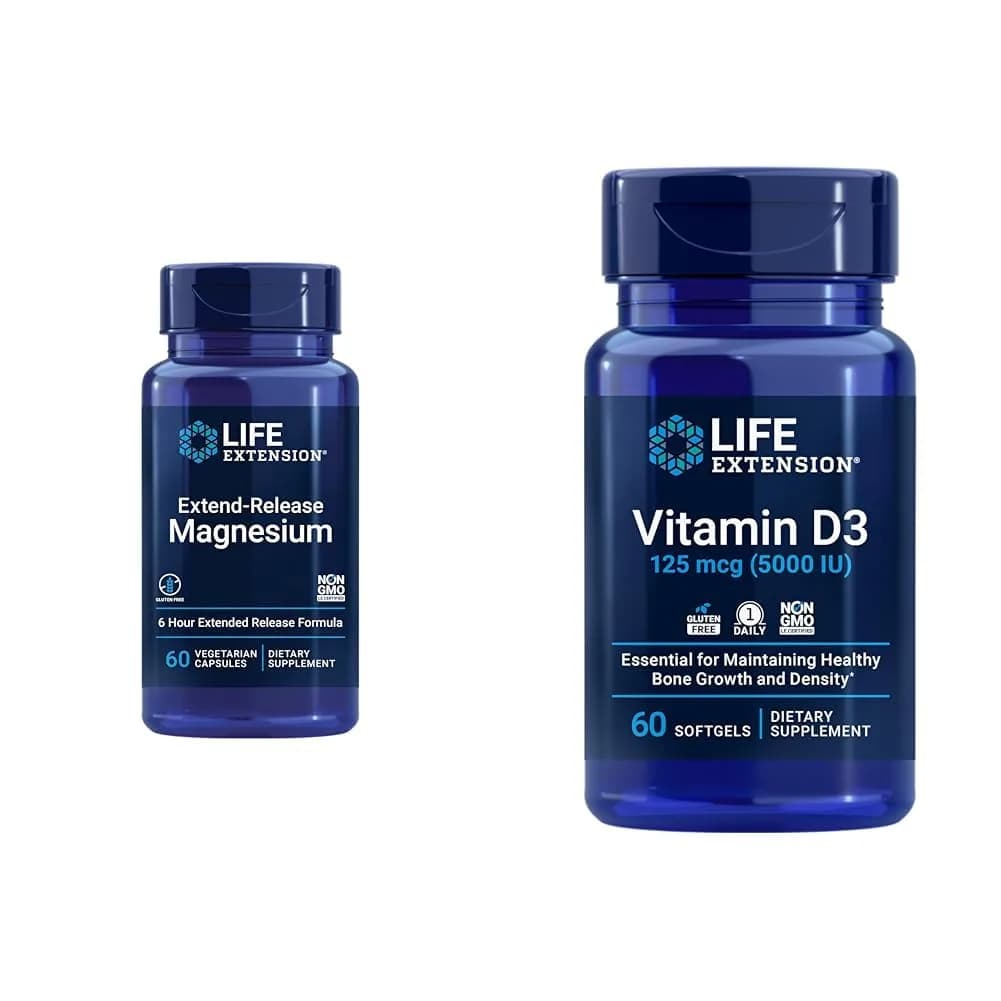 Life Extension Extend-Release Magnesium & Vitamin D3 125 mcg (5000 IU) Bone, Brain & Immune Health - 60 Capsules & 60 Softgels